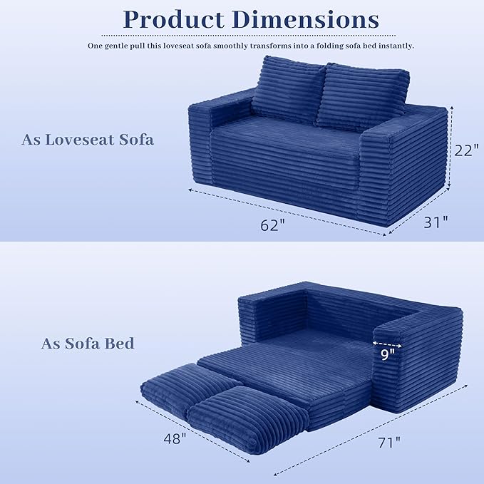 HABUTWAY Convertible Folding Sofa Bed Couch,3 in 1 Pull Out Couch Bed,Loveseat Sleeper Sofa Bed,Boneless Couches with Pillows for Living Room Bedroom, Blue