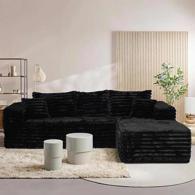 Sectional Cloud Boneless Couch for Living Room Bedroom, Modern L Shaped Modular Sofa with Right Facing Chaise, Comfy Deep Seat Memory Foam Couch in Box, No Assembly (Wide Striped Corduroy, Black)