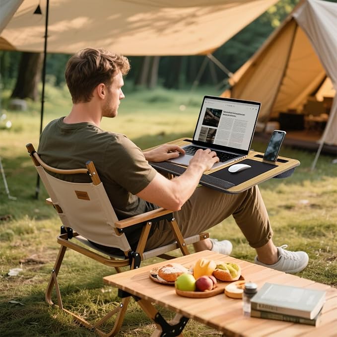 Lap Desk - Laptop Tray for Bed, Lapdesk with Cushion for Couch Sofa Fits up to 17” Laptop, Lap Table with Portable Handle,Tablet,Phone Slots,Mousepad with Foldable Metal Device Stand(Light Brown)