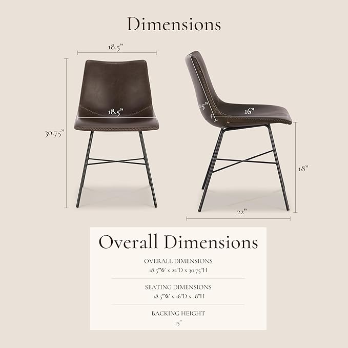 POLY & BARK Paxton Leather Dining Chairs – Set of 2 Modern Dining Room Chairs with Low Back – Faux Leather Upholstery and Matte Black Steel Base – Comfortable Seating for Stylish Interiors – Brown