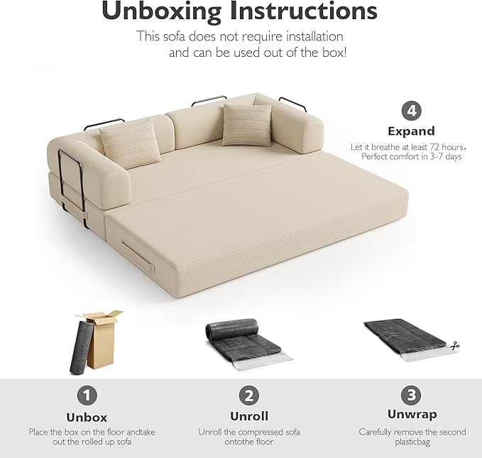 79 Inch 5-in-1 Convertible Sofa Bed, Corduroy Boneless Floor Couch with Fixed Frame & Pillow, Modular Folding Mattress Lounger for Small Space, Living Room, Bedroom - Easy Assembly(Beige)