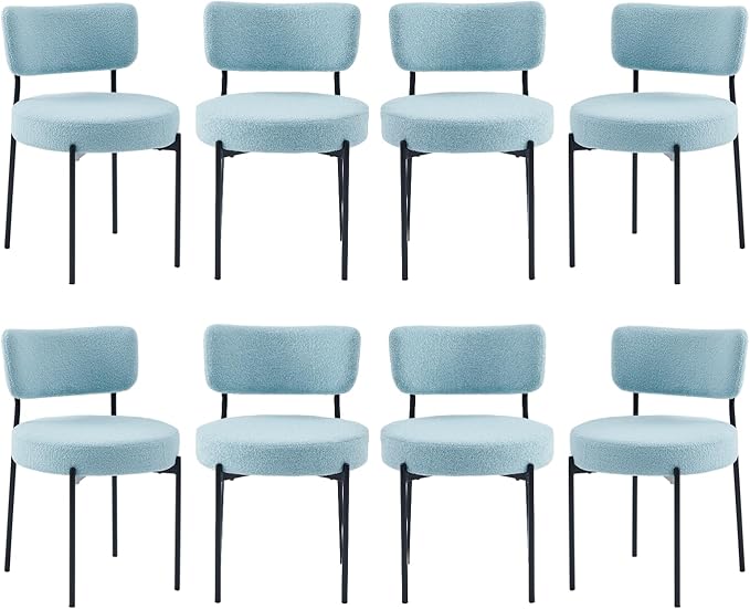 Stabrech Blue Boucle Dining Chairs Set of 8, Upholstered Dinner Chair with Metal Frame, Dining Room Chairs with Padded Seat, Round Modern Seating for Living Room