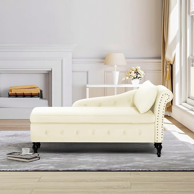 ACMEASE Upholstered Chaise Lounge with Right Armrest & Lumbar Pillow,Button Tufted Lounge Sofa with Storage,Lounge Chair Indoor,Modern Velvet Lounge Chair for Bedroom, Living Room and Office,Beige