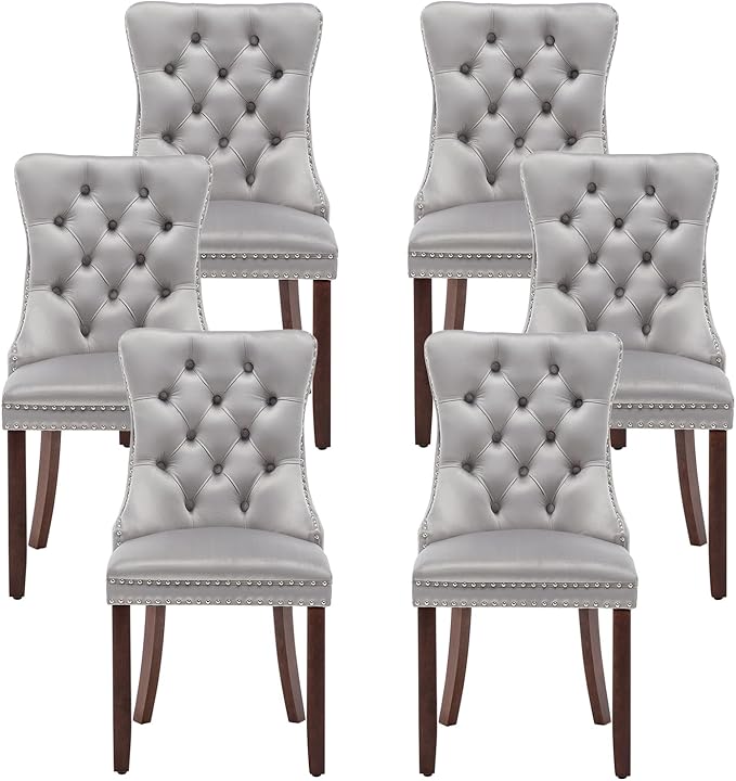 Kiztir Velvet Dining Chairs Set of 6, Upholstered Dining Room Chairs with Ring Pull Trim and Button Back, Luxury Tufted Dining Chairs for Living Room, Bedroom, Kitchen (Light Grey)
