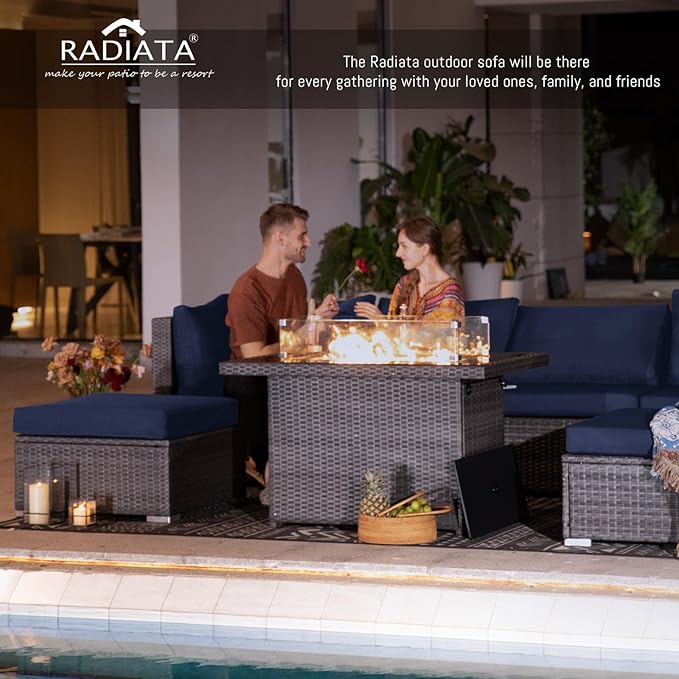 RADIATA 7 Piece Wicker Patio Furniture Set with Fire Pit, All-Weather Outdoor Sectional Couch High Back Large Size, Modular Backyard Seating Sofa Set with Propane/Natural Gas Firepit Table, Grey&Blue