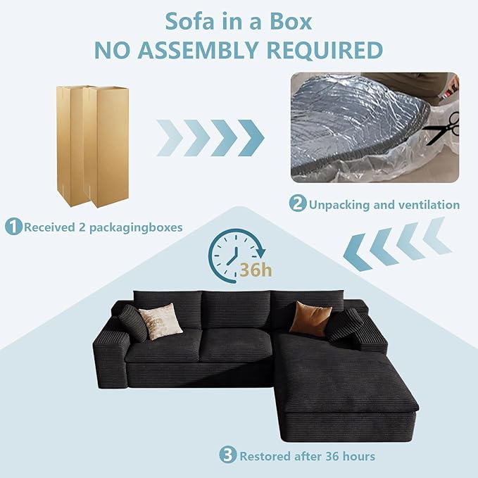 107" Cloud Sectional Couch with L-Shape Chaise, Modern Corduroy Viral Boneless Sofa for Living Room,Memory Foam Couches in a Box with Deep Seat,No Assembly Required (Black,Right-Facing Chaise)