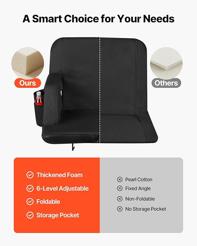VEVOR Stadium Seat, 6 Adjustable Angle Bleacher Chair, 2.9'' Cushion Stadium Seat with Back Support and Armrest, Wide Bleacher Chair with Hook Pocket Cupholder for Picnics, Beach Sports, and Gaming