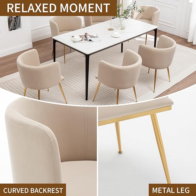Canxkun Velvet Dining Chairs Set of 4, Barrel Dining Chairs with Gold Metal Legs, Modern Upholstered Dining Room Chair for Dining Room, Kitchen, Vanity (Beige)