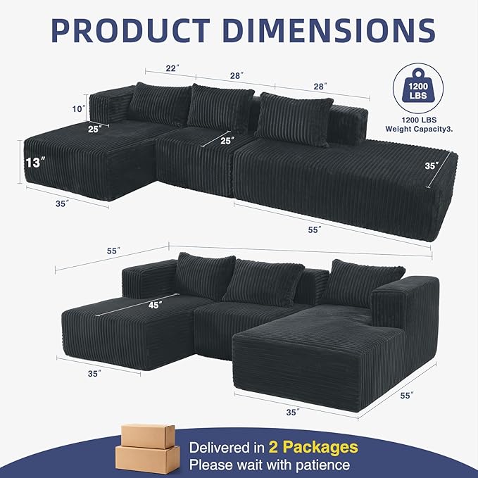 Favoduerme 117” Modular Sectional Cloud Couch with L-Shape Chaise Lounge, Boneless Convertible Sofa for Living Room or Apartment, Plush Corduroy 4-Seater Couch, No Assembly Required, Dark Grey | Pet Friendly, Breathable Fabric