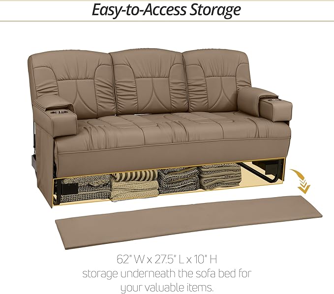 Qualitex De Leon Console SL RV Sofa Bed, 68" Wide, Ulitmate Leather, Light Sand
