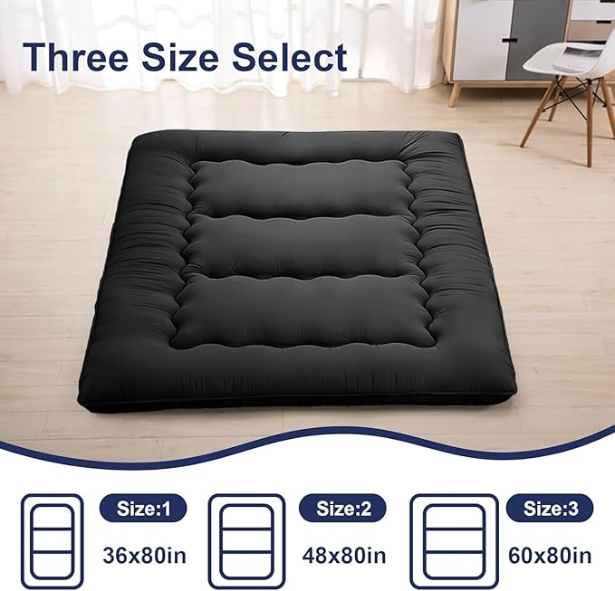 Japanese Floor Mattress,Thicken Japanese Floor Sleeping Pad Foldable,Roll Up Tatami Mat Easy to Store and Portable,Futon Mattress Suitable for Camping and Guest Room (Black, Queen (80" X 60"))