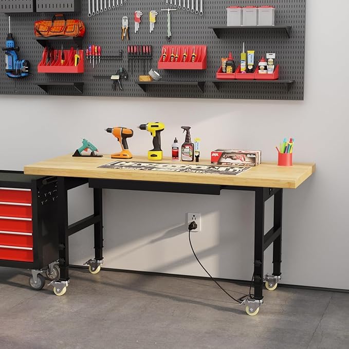 60" Heavy Duty Work Bench with Wheels, Adjustable Height Workbench with Drawers, 2000 LBS Capacity Work Table with Power Outlets for Garage, Workshop, Office, Home