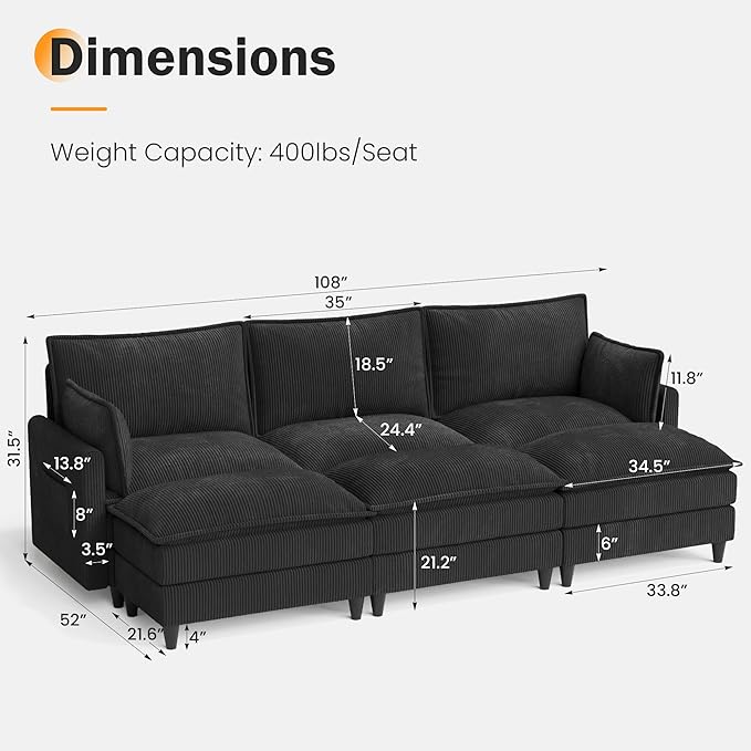Apicizon 108" Cloud Couch Sectional, Modern Corduroy Cloud Sofa Set with Side Storage Pocket, Comfy Convertible Sleeper Couch with Chaise for Living Room, Apartment, Office, Black