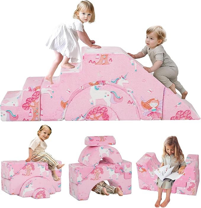 MeMoreCool Toddler Foam Climbing Couch – Modular Kids Sofa with Slide & Stair, Glow‑in‑Dark Convertible Playroom Sectional for Crawling, Climbing & Kids’ Play