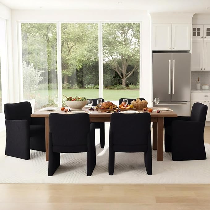 CIMOTA Boucle Dining Chairs Set of 6, Sherpa Upholstered Accent Chairs with Arms/Wood Legs, Comfortable Kitchen Chairs for Living/Reception/Dining Room, Black