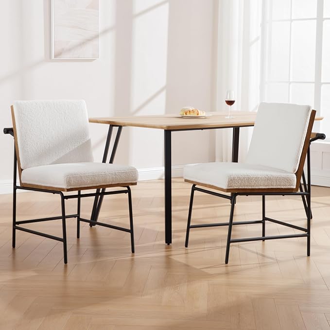 LukeAlon Mid Century Sherpa Dining Chairs Set of 2, Upholstered Square Back Kitchen Chairs with Metal Legs Armless Parsons Chairs with Wood Frame for Dining Room Reception Room, White