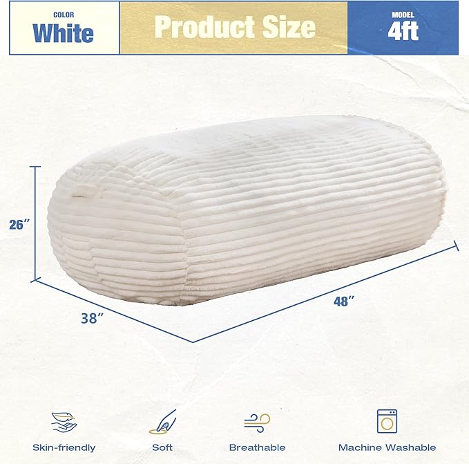 Hobestluk 4FT Bean Bag Chairs Adult Bean Bag with Portable Handle Comfy Large Bean Bag Chair with Removable Cover for Living Room Bedroom or Reading Nook (Stripe White, 4FT)