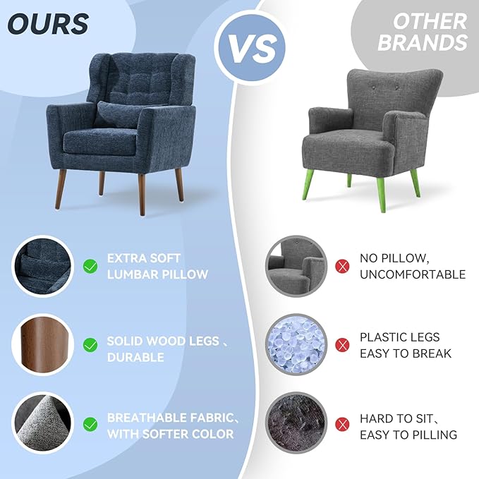 QKFF Modern Accent Chair, Upholstered Armchair with Pillow, Fabric Single Sofa Chair with Lounge Seat and Wood Legs Accent Chair for Living Room Bedroom Small Spaces (Dark Blue)