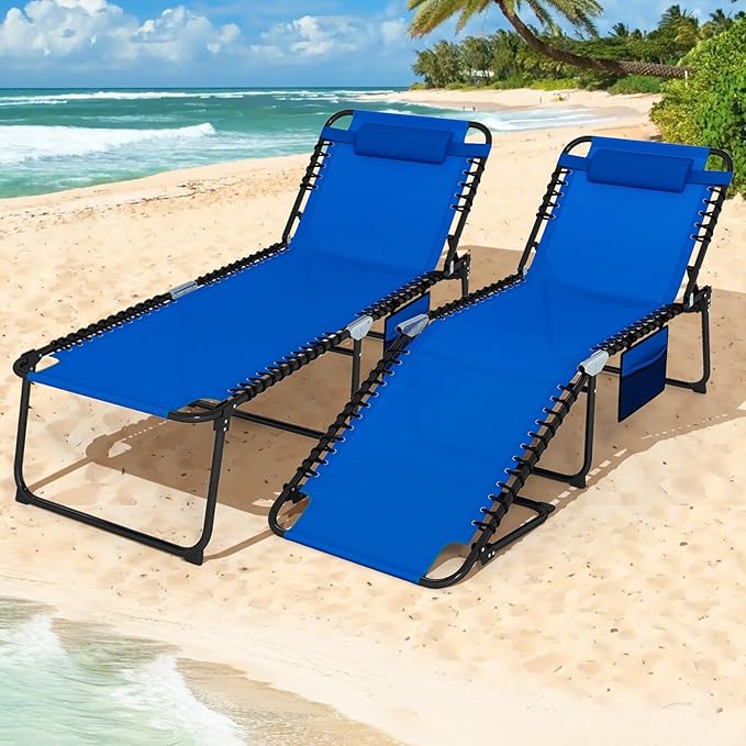Goplus Extra Large Lounge Chair Outdoor, 27” Wide Folding 5-Position Tanning Chair with Detachable Pillow, Side Pocket, 16” High Chaise Lounger, Patio Lounge Chair for Yard Pool Yard