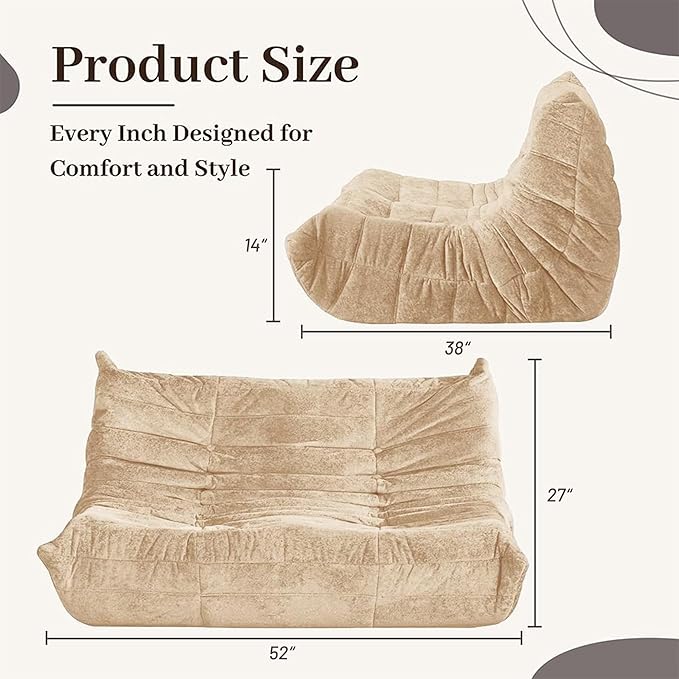 HABUTWAY Bean Bag Chair, Giant Bean Bag Chairs for Adults, Loveseat Fireside Chair, 2 Seater Lazy Bean Bag Sofa Memory Foam Couch for Living Room, Bedroom, Office (Khaki)