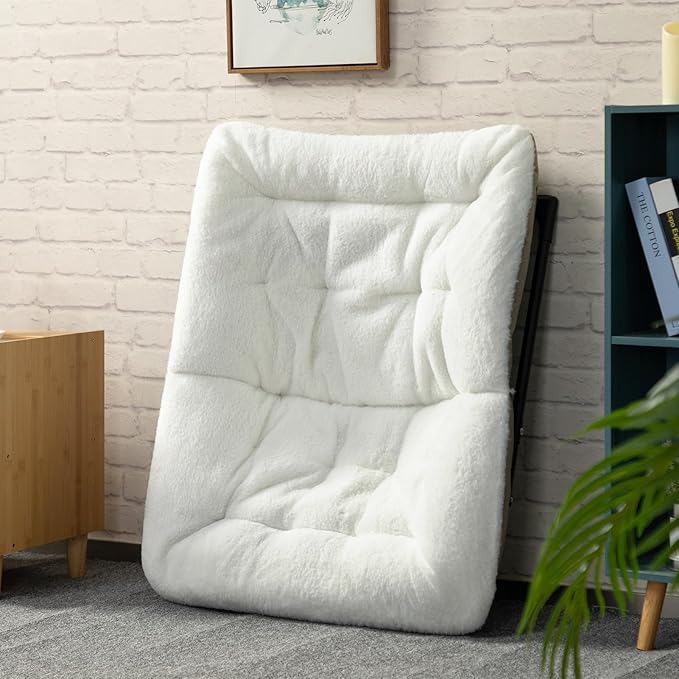 HollyHOME X-Large Saucer Chair with Foldable Ottoman, Comfy Oversized Folding Chair and Folding Footrest Stool Set, Faux-Fur Reading Chair and Footstool for Living Room, Bedroom, White Chair&Stool