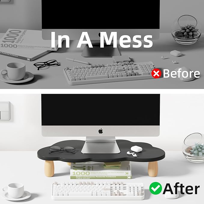 AFOOYO Cloud-Shaped Sturdy Wood Monitor Stand Riser, Multi-Purpose Desktop Organizer for Computer, Laptop, Printer, TV - Black