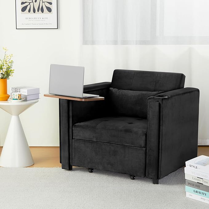 Velvet Convertible Chair Bed, 3 in 1 Multi-Functional Lounge Chair Sleeper, Pull Out Couch Guest Bed with Hidden Table and Adjustable Backrest for Living Room Small Space Apartment (Black)