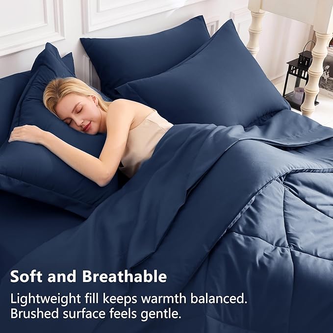 CozyLux Queen Comforter Set Navy Blue - Bed in a Bag Queen Size 7 Pieces, Luxury Soft Bed Set for All Seasons, Bedding Set with Down Alternative Comforter, Sheets, Pillowcases & Shams