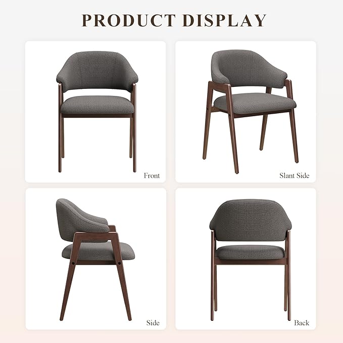 MALOL Wooden Dining Chairs Set of 6, Modern Fabric Upholstered Dining Room Chair, Kitchen Side Chairs, Farmhouse Dinner Chair with Curved Open Back for Kitchen, Grey