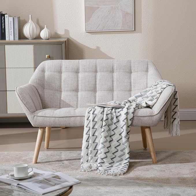 48" Small Loveseat Sofa, Mid Century Modern Linen Love Seat with Wood Legs 2-Seat Sofa Couch Tufted Wingback Upholstered Sofa Chair for Living Room Bedroom Apartment, Beige