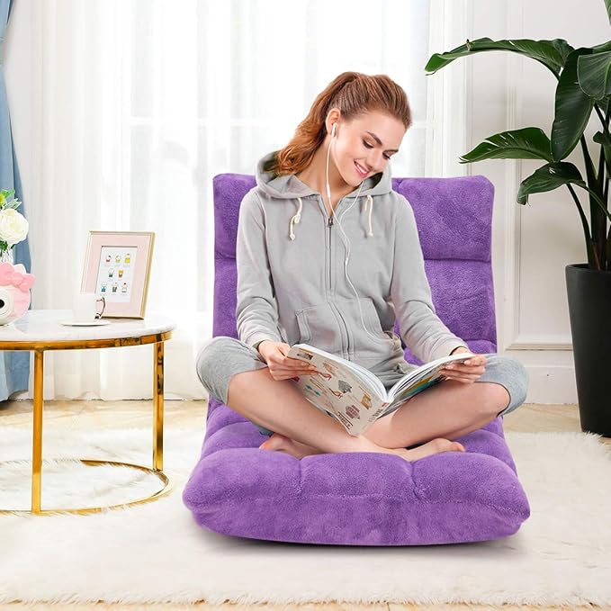 Giantex Floor Chairs for Adults - Floor Gaming Chair with Back Support, Coral Velvet, 14 Adjustable Position, Thick Sponge Padding, Floor Seating Lounge for Reading, Watching TV, Meditation (Purple)