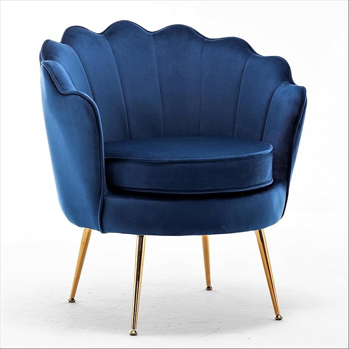 Container Furniture Direct Velvet Barrel Accent Chair with Scalloped Silhouette and Gold Metal Legs, Decorative Piece Suitable for Traditional, Modern, and Contemporary Spaces, Navy Blue
