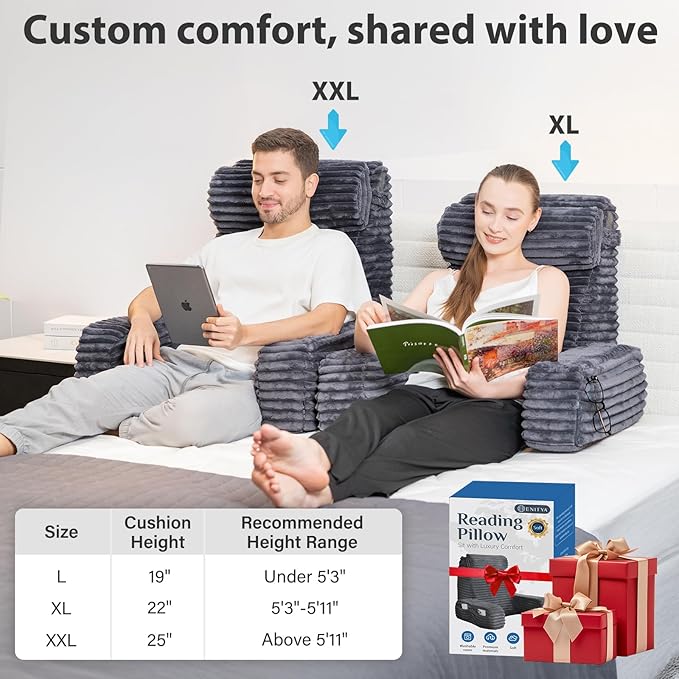 ENITYA 22" XL Back Pillow for Bed Sitting Up, Reading Pillow with Built-in Arms, Soft Back Support Chair, Ideal for Watching TV, Gaming, Nursing, Resting, Post Surgery, Dark Grey