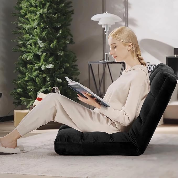 Floor Chair, 24 inches Wide Oversized Velvet Armless Lay Flat Floor seat Padded Meditation Chair with 6 Adjustable Position Ergonomic Comfortable Convenient(LRSF-016-BLACK)