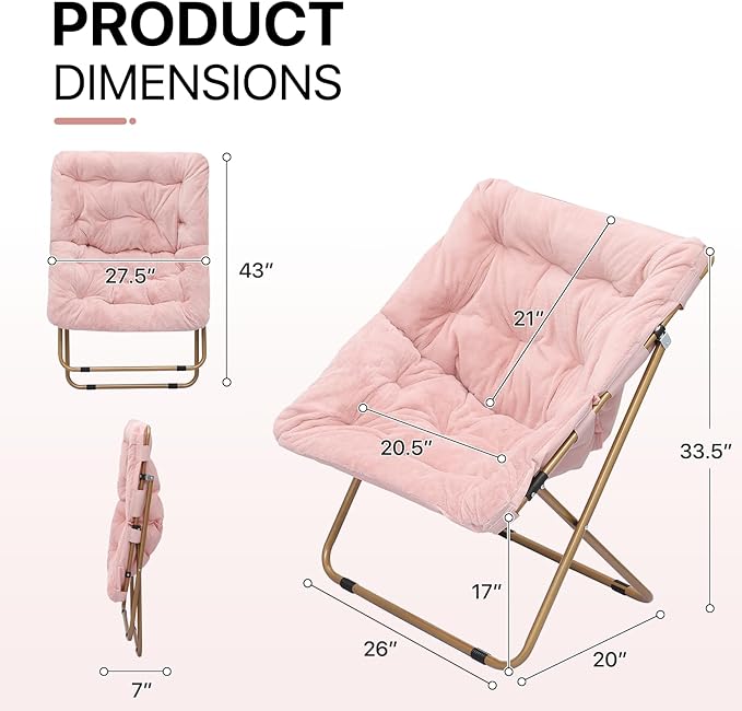 Athena Collection Saucer Chair for Adult, Square Comfy Cozy Chair Folding Chair Faux Fur Metal Frame Foldable Reading Chair Accent Chair for Bed Room Living Room, Pink