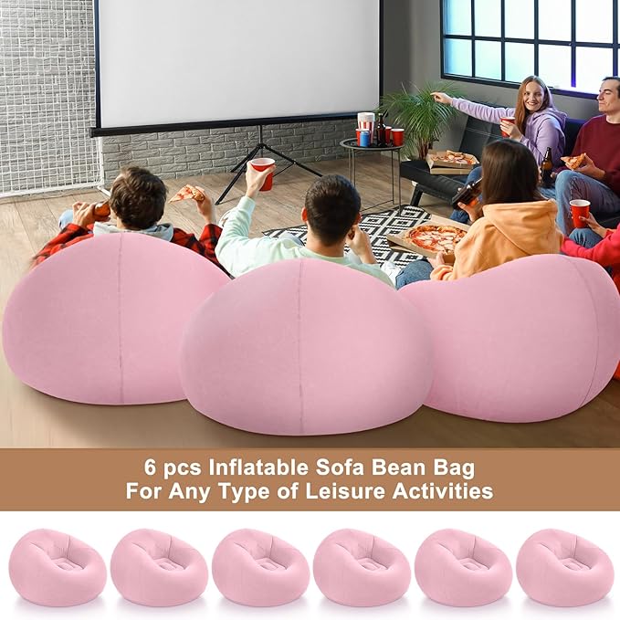 Realspring 6 Pcs Inflatable Bean Bag Chairs for Adults with Electric Air Pump, Blow up Couch Folding Portable Inflatable Couch Lazy Sofa for Outdoor Movie Nights Camping Room (Pink)
