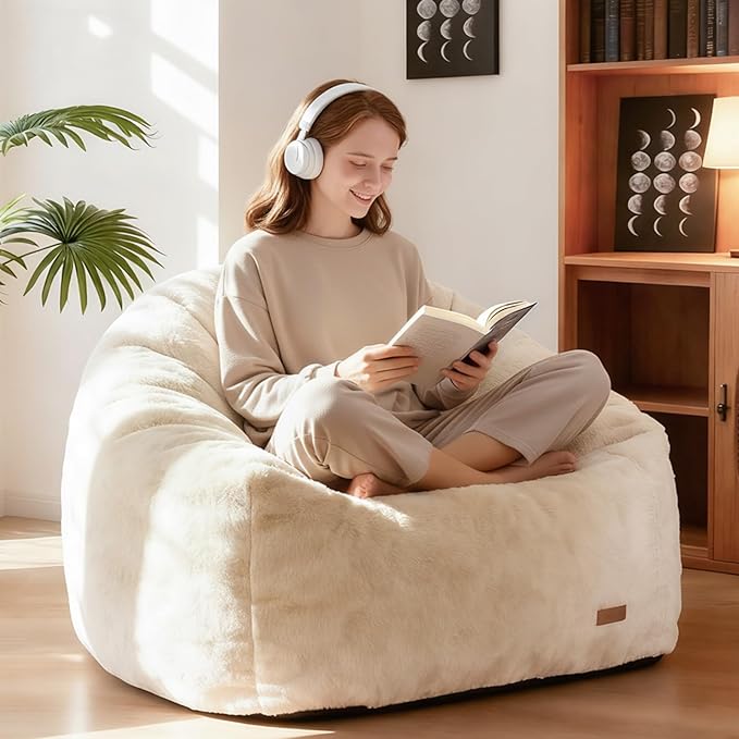 Big Bean Bag Chairs for Adults Giant Sofa with Faux Fur Shell-Shaped Beanbag Couch, Stuffed Large Bean Bag Floor Chair for Living Room, Beanbags Reading Chair for Bedroom Single Sofa(L-White)
