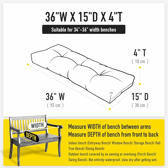 SUNROX LokGrip Non Slip Tufted Memory Foam Bench Cushion, FadeShield Water Resistant Durable Thicken Outdoor/Indoor Bench Seat Pads 36x14x4 inch, Heather Fern
