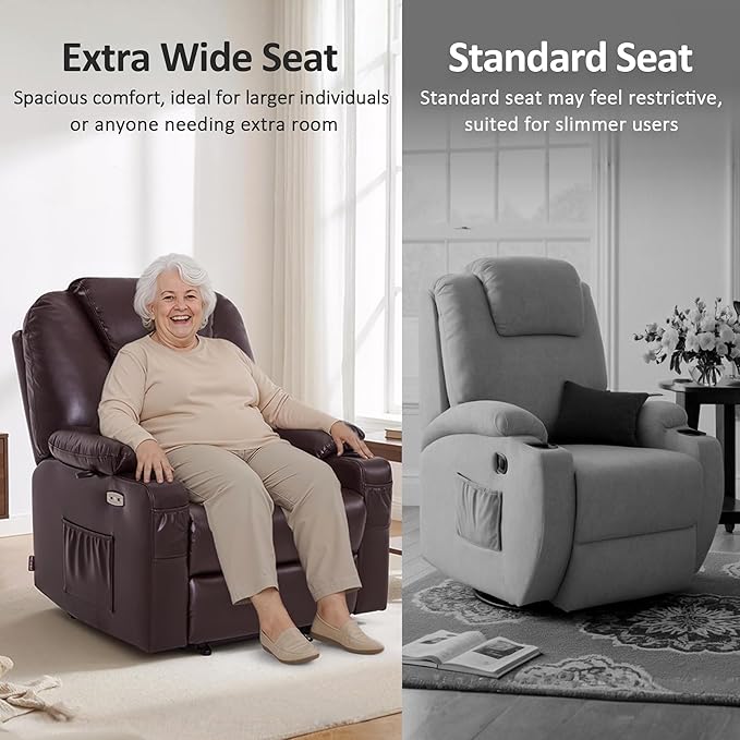 MCombo Extra Wide Power Lift Recliner Chair for Elderly, Lift Chair with Heat and Massage for Big People, USB&Type C Ports, Cup Holders, Faux Leather R7045 (Dark Brown, Medium-Wide)