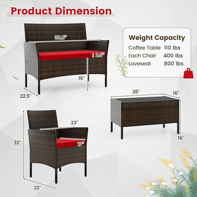 HAPPYGRILL 4 Pieces Outdoor Rattan Conversation Set, Patio Wicker Furniture Set with Loveseat Chairs & Tempered Glass Coffee Table, Outside Sectional Sofa Set for Backyard Garden Poolside, Red