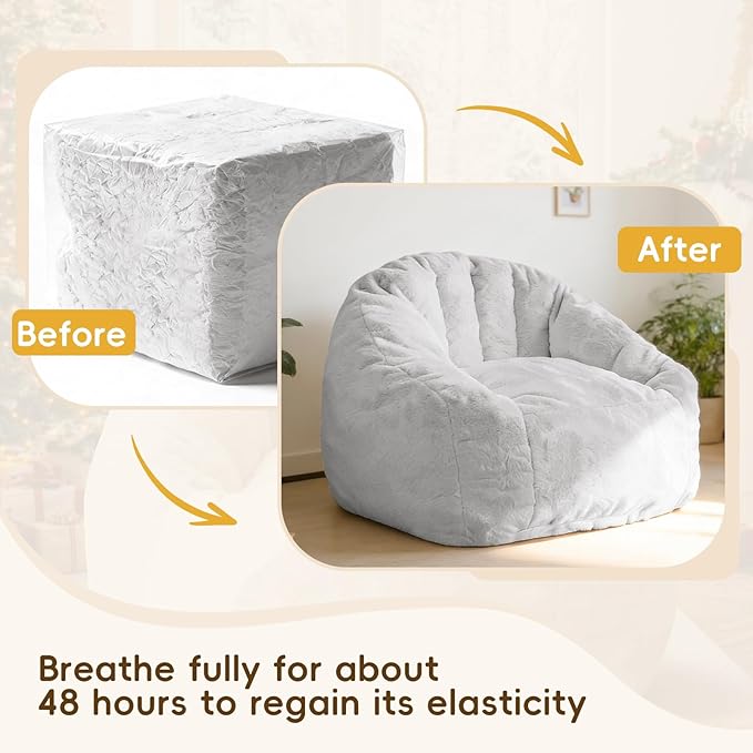 Giant Bean Bag Chair with Armrests 47 Inch Large Plush Bean Bag Couch for Adults and Kids Fluffy Faux Fur Shell-Shaped Oversized Comfy Stuffed Sofa with Filler for Living Room, Bedroom, Gray