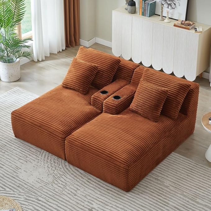 71" Oversized Double Chaise Lounge Sofa Indoor Boneless Sleeper Daybed, Fluffy Corduroy Upholstered Compressed Cloud Couch Loveseat Sofabed, Floor Chair w/Cupholders, Side Pockets for Living Room