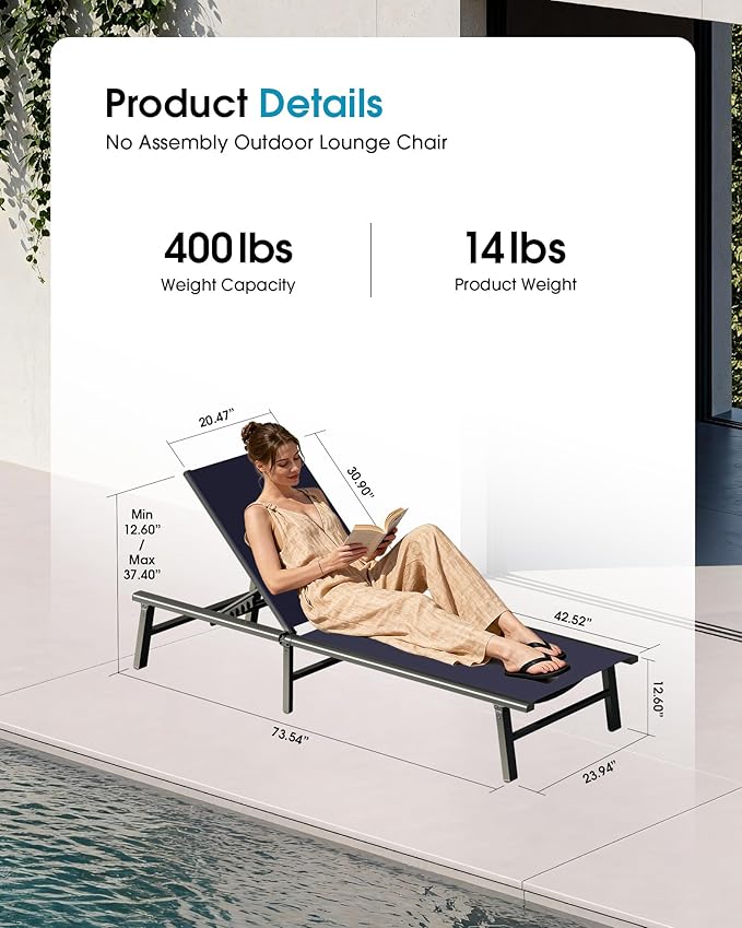 Ciokea Aluminum Outdoor Lounge Chair Set of 2- No Assembly Needed, Foldable Patio Chaise Lounge with 5 Adjustable Positions, Reinforced Frame for Extra Durability, Pool Beach Lounge Chair,Navy Blue