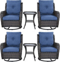 Rilyson Wicker Rocking Chair Swivel Chairs – 6 Piece Rocker Patio Furniture Set Rattan Rocking Bistro Sets with Glass Top Side Table for Outdoor Porch Deck Garden Backyard(Brown/Blue)