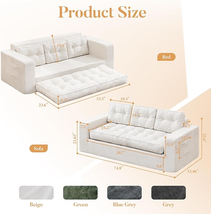 Hobestluk 3-Seater Sofa Boneless Couch with Tufted Button Design 2 in 1 Comfy Cloud Couch Oversized Sofa for Living Room Bedroom Apartment or Office (Beige, 3 Seater)