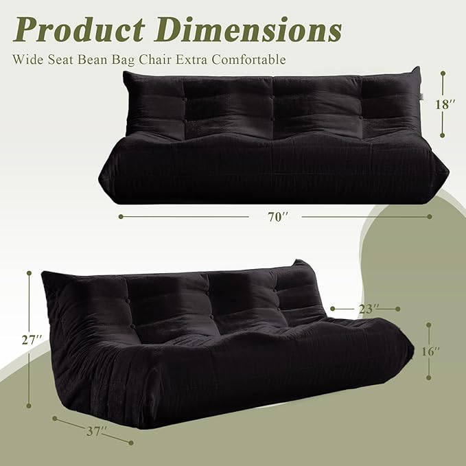 Bean Bag Chair, 3 Seater Fireside Chair Large Bean Bag Sofa for Adults, Memory Foam Chairs Gaming Chairs with Comfy Design & Soft Fabric, Lazy Floor Sofa for Living Room, Bedroom, Dark Gray