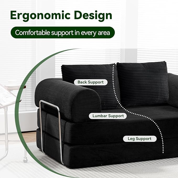 Folding Sofa Bed,63''Cozy Floor Sofa Lounge Couch, 4-in-1 Convertible Sleeper with Memory Foam, Space-Saving Floor Couch for Living Room, Bedroom, Apartment (Black)