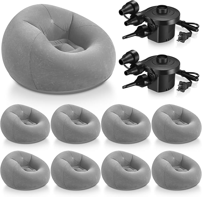 Realspring 9 Pcs Inflatable Bean Bag Chairs for Adults with Electric Air Pump, Blow up Couch Folding Portable Inflatable Couch Lazy Sofa for Outdoor Movie Nights Camping Room (Grey)