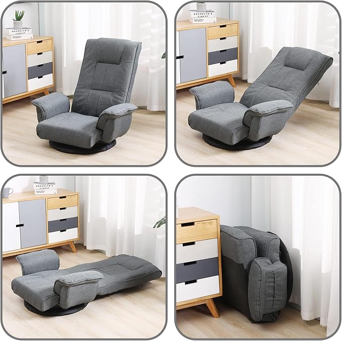 FLOGUOR 360 Swivel Gaming Chair 14-Position Adjustable Folding Floor Sofa with Armrests Lounger Bed for Home & Living Room Chaise Lounge Indoor for Adults QL201GR