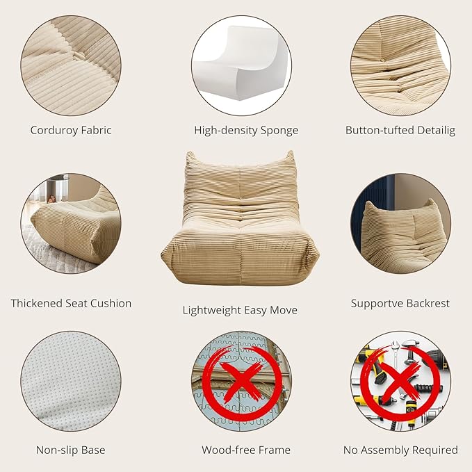 Bean Bag Chair - Corner Sofa, Fireside Chair Bean Bag Sofa Large Bean Bag Chair for Adults,Fireside Floor Couch for Living Room, Bedroom, Gaming (Yellow, Single) (Khaki, Single)
